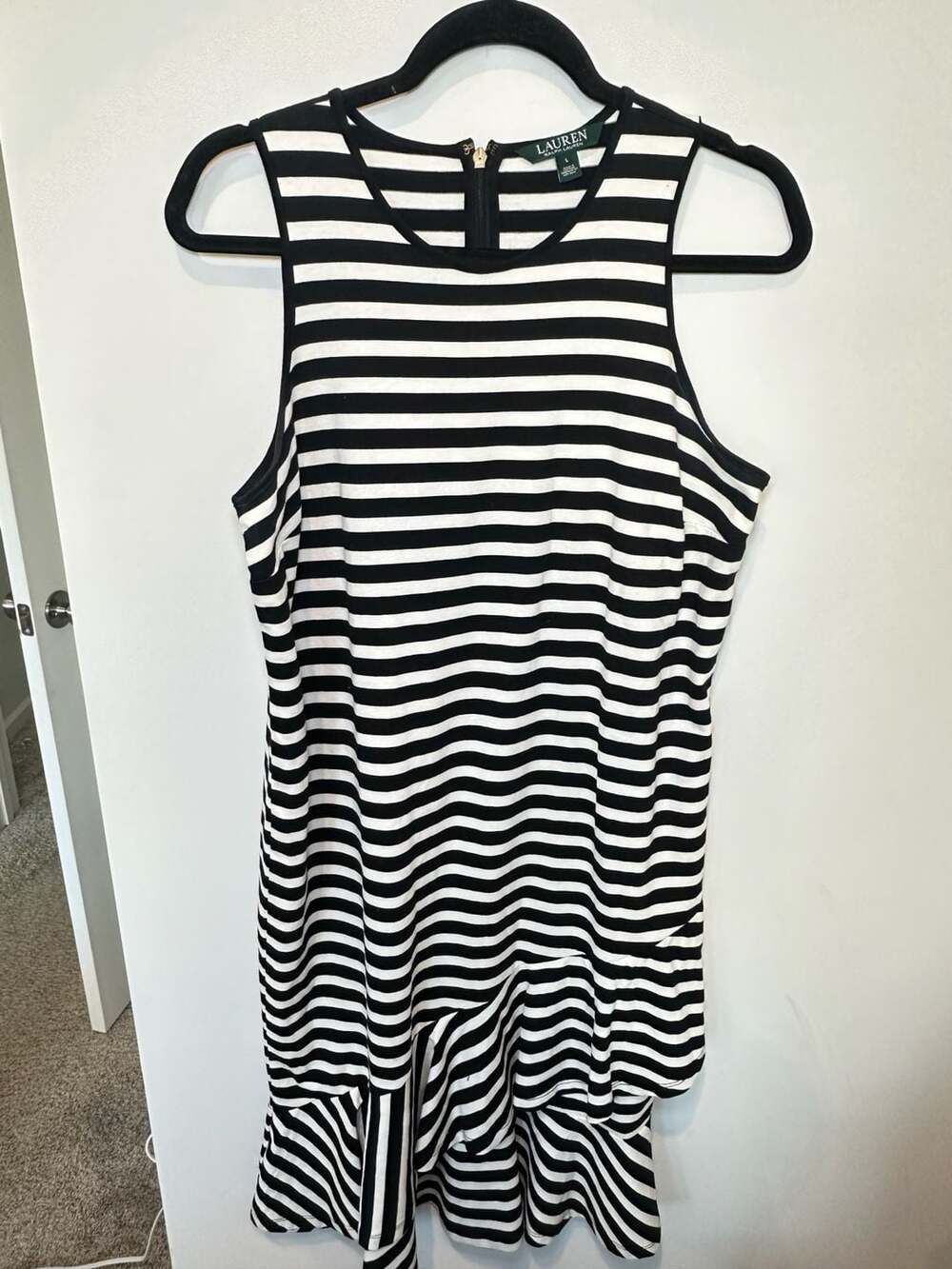 100% Cotton Ralph Lauren Women's Striped Asymmetrical Flounce Dress Blue White L - Picture 8 of 9